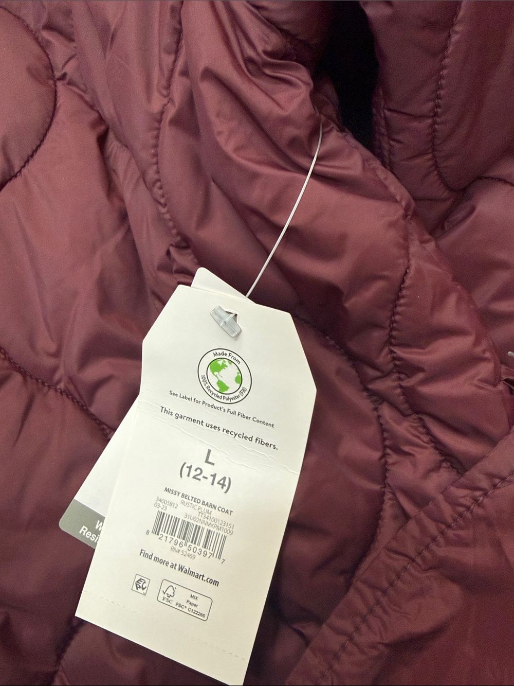 NWT Time and Tru Quilted Belted Long Puffer Jacket - Burgundy - Picture 2 of 5